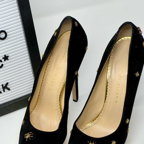 Our vintage Charlotte Olympia Dolly Spider-Studded Suede Platform Pumps. - Picture 3 of 11
